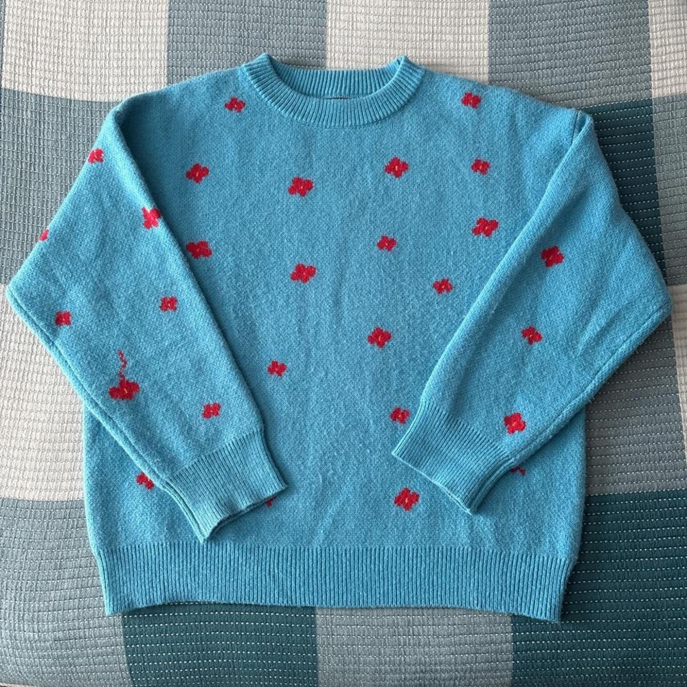 POL baby blue knit sweater with red floral accents